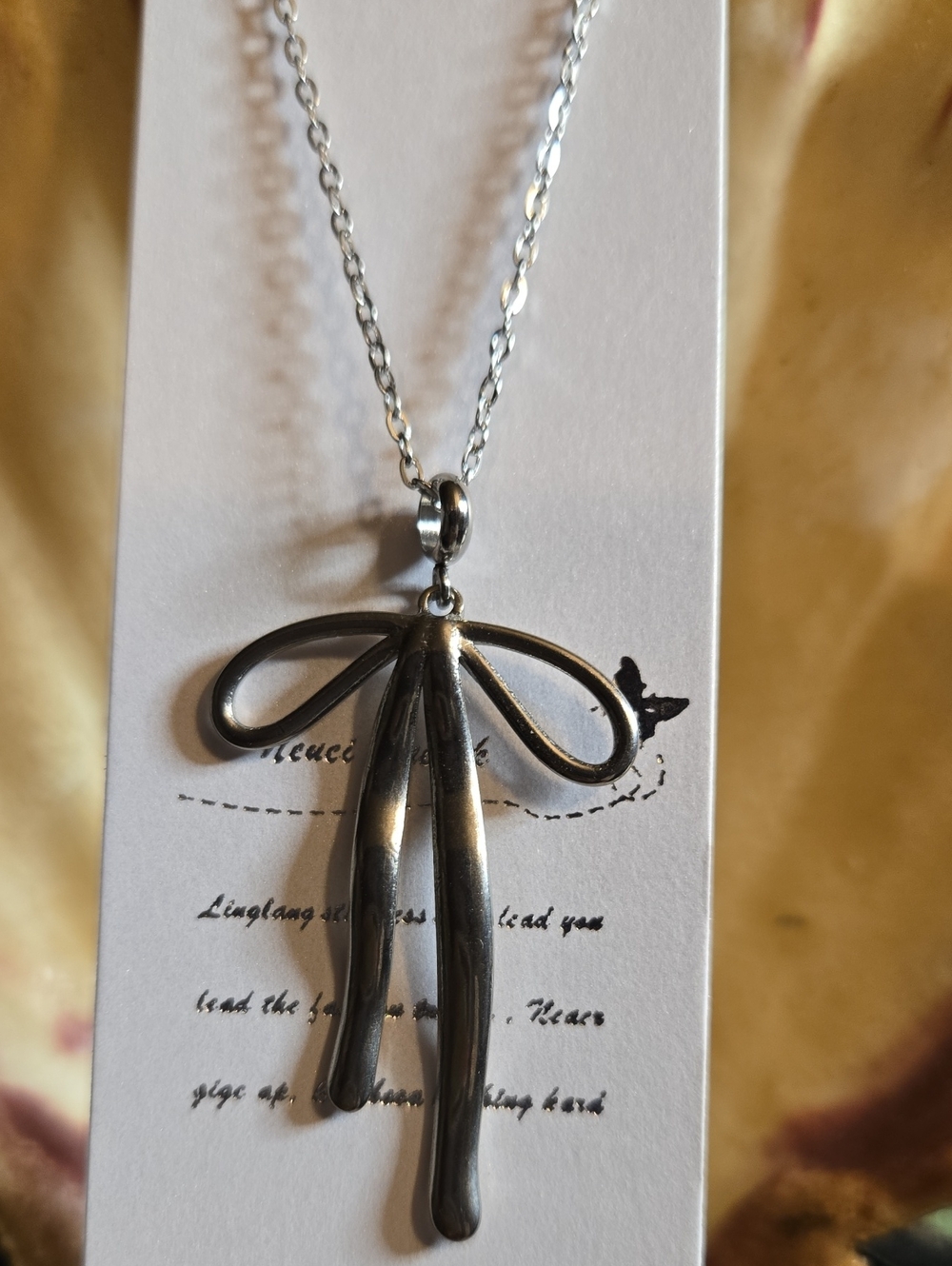 Silver Stainless Steel Large Bow Ribbon Pendant Necklace - Women Jewelry